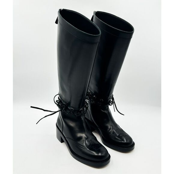 Chanel Knee High Boots Cap Toe Black Leather Lace Up Cutout - Picture 16 of 16